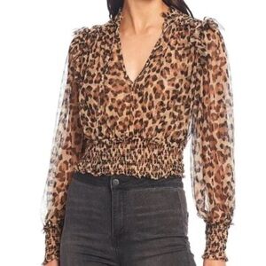 Free People Leopard Print Twyla Top  Mesh Cropped Smocked Ruffles Mob Wife